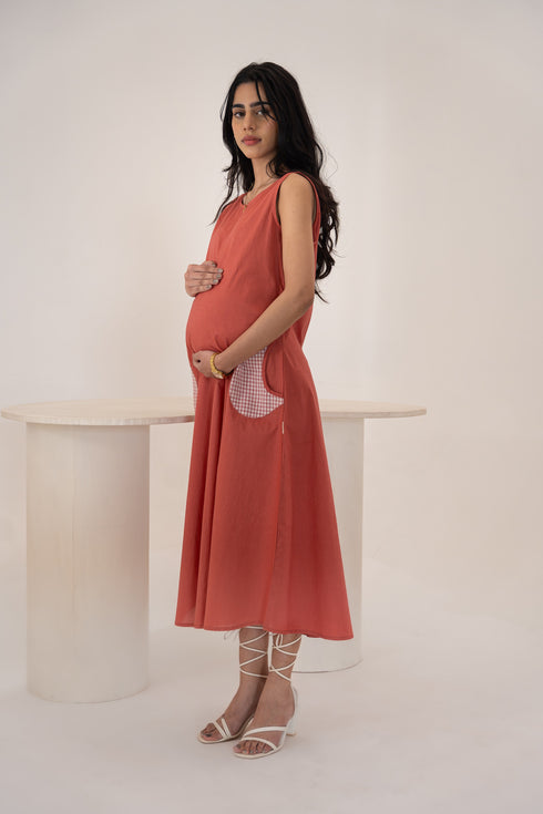 Organic Cotton Madder Brick Fabric Patch Pockets Maternity Dress