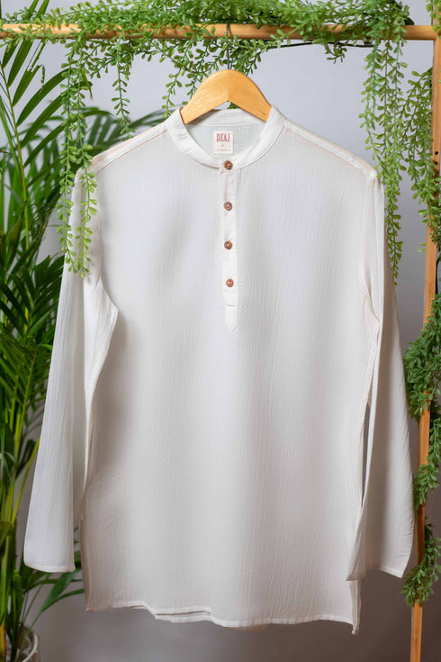Off White Bamboo Fabric Full Sleeves Short Kurta