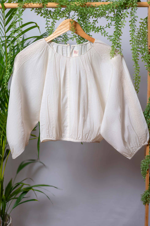 Off White Corn Fabric Gathered Crop Top