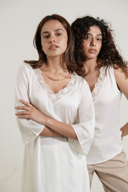 Satin Touch Rose Fabric Kurta and Bottom with Organza Lace