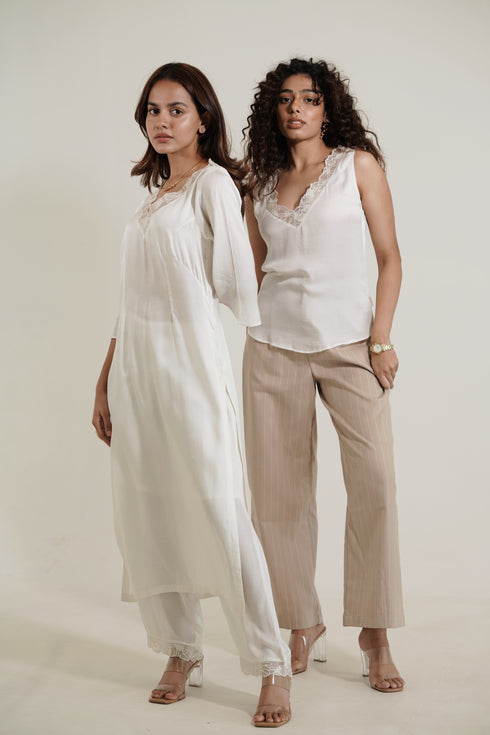 Satin Touch Rose Fabric Kurta and Bottom with Organza Lace