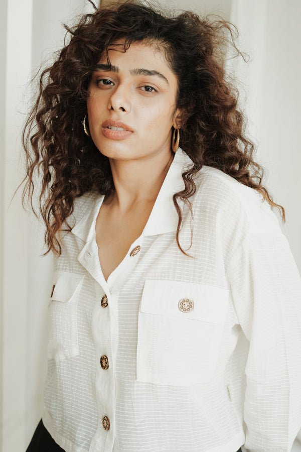White Buttoned Orange Fabric Off White Crop Shirt