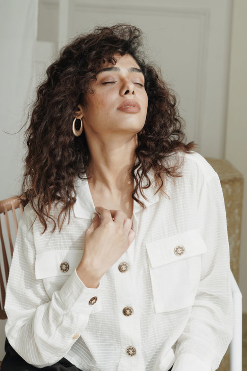 White Buttoned Orange Fabric Off White Crop Shirt