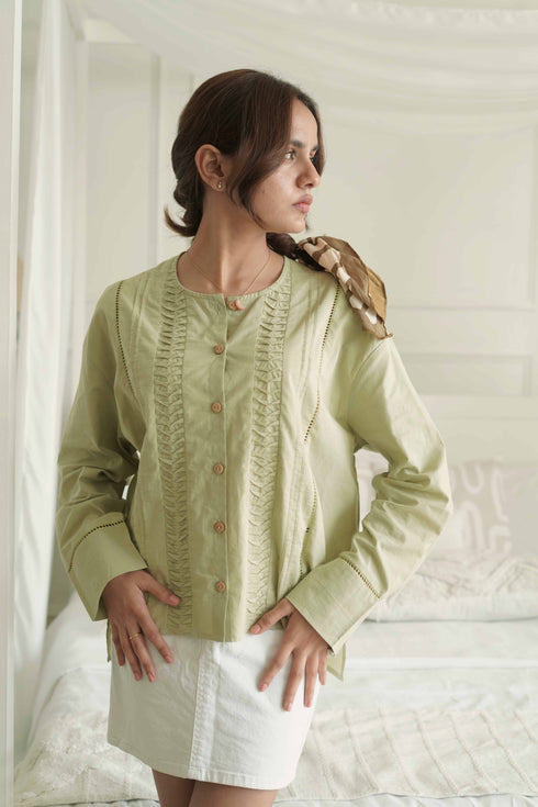 Leaf Green Blouse With Insereted Fine Lace