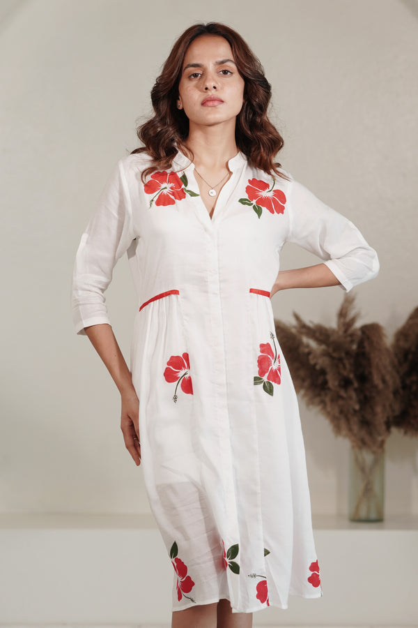Dream Like Milk Fabric White Mid Length Dress with Hand painted Habiscus