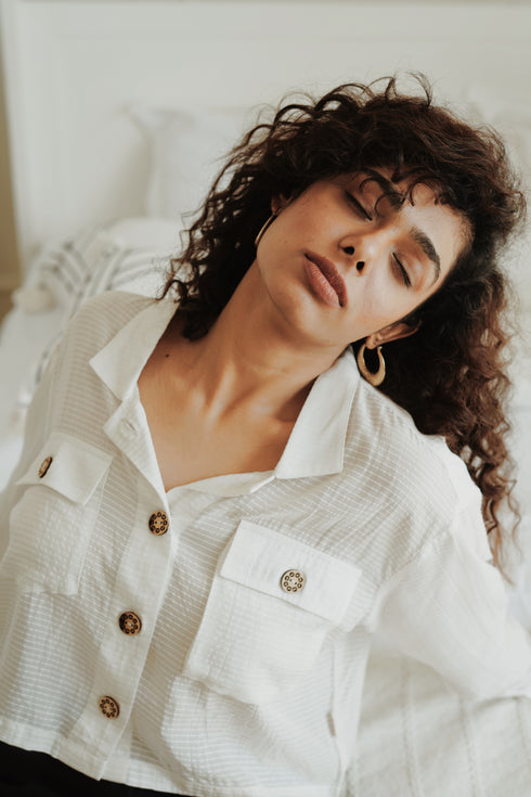 White Buttoned Orange Fabric Off White Crop Shirt