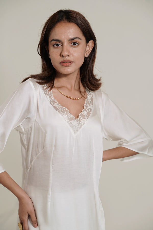 Satin Touch Rose Fabric Kurta and Bottom with Organza Lace