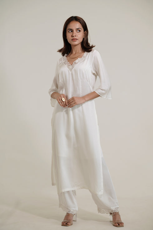 Satin Touch Rose Fabric Kurta and Bottom with Organza Lace