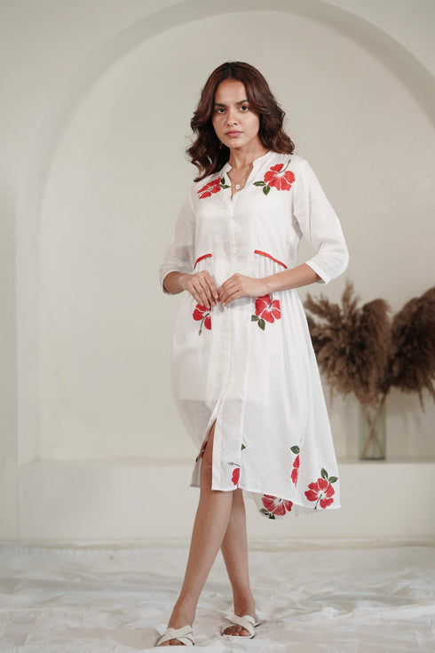 Dream Like Milk Fabric White Mid Length Dress with Hand painted Habiscus