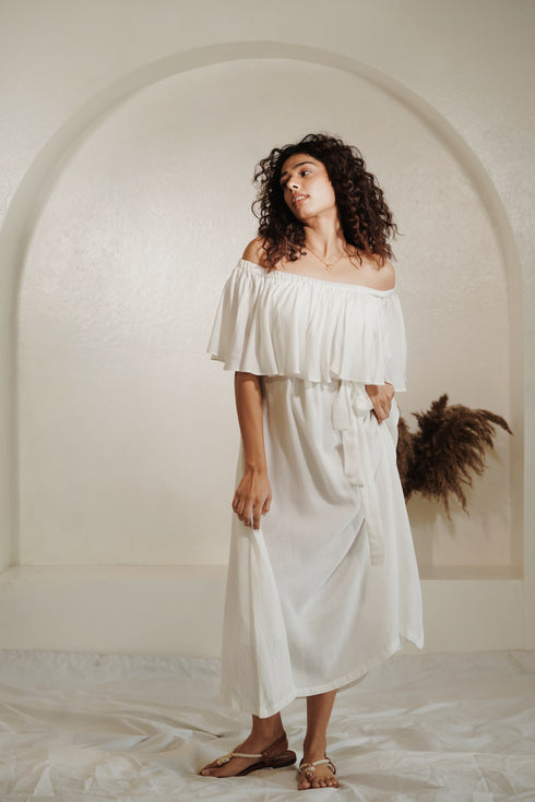 Fair Fairy Soya Fabric Off White Calf Length Flowy Dress